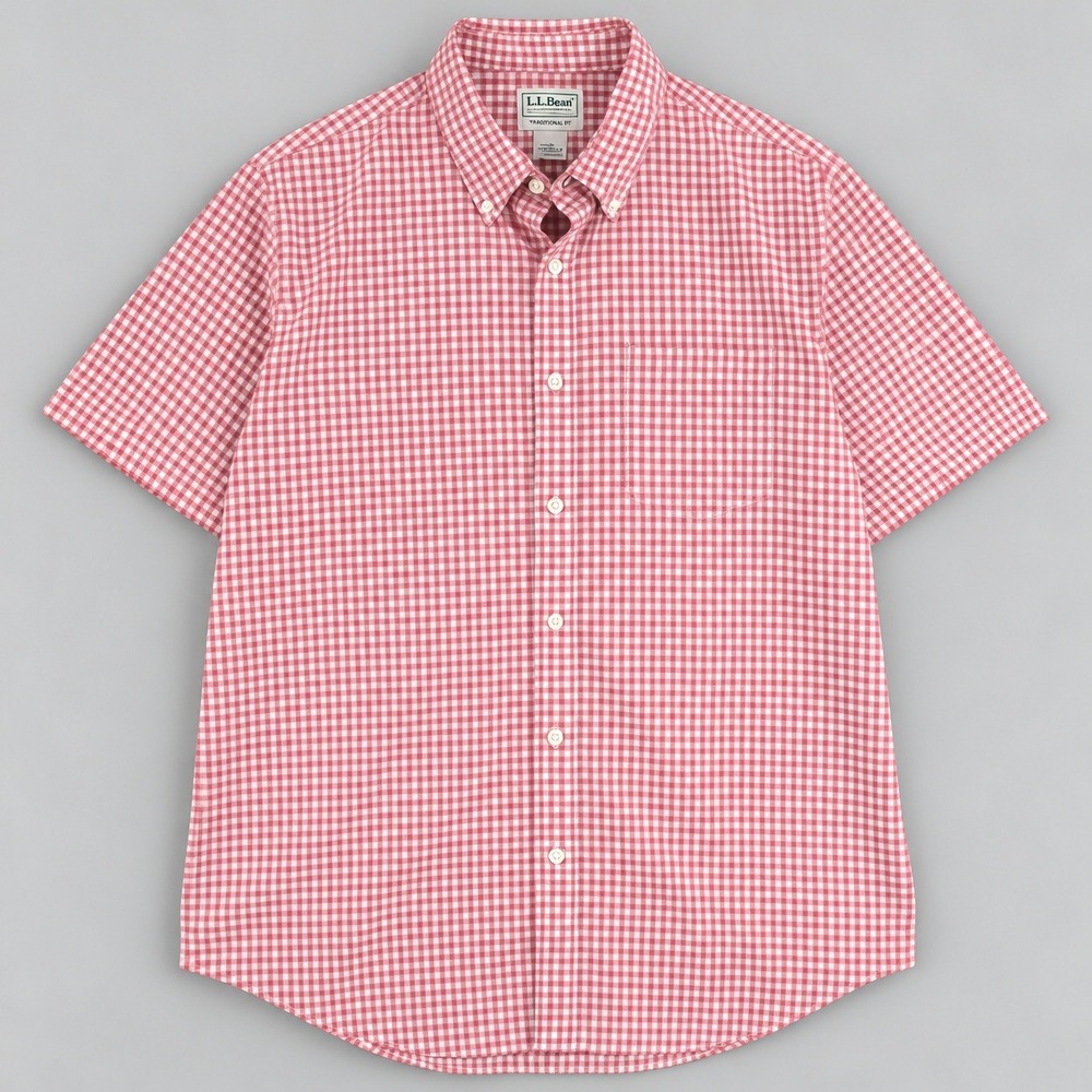 LL Bean Mens Traditional Fit Gingham Short Sleeve Button Down Shirt Red L 502253
